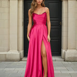 Cindy Satin A-line Gown Hot Pink Front