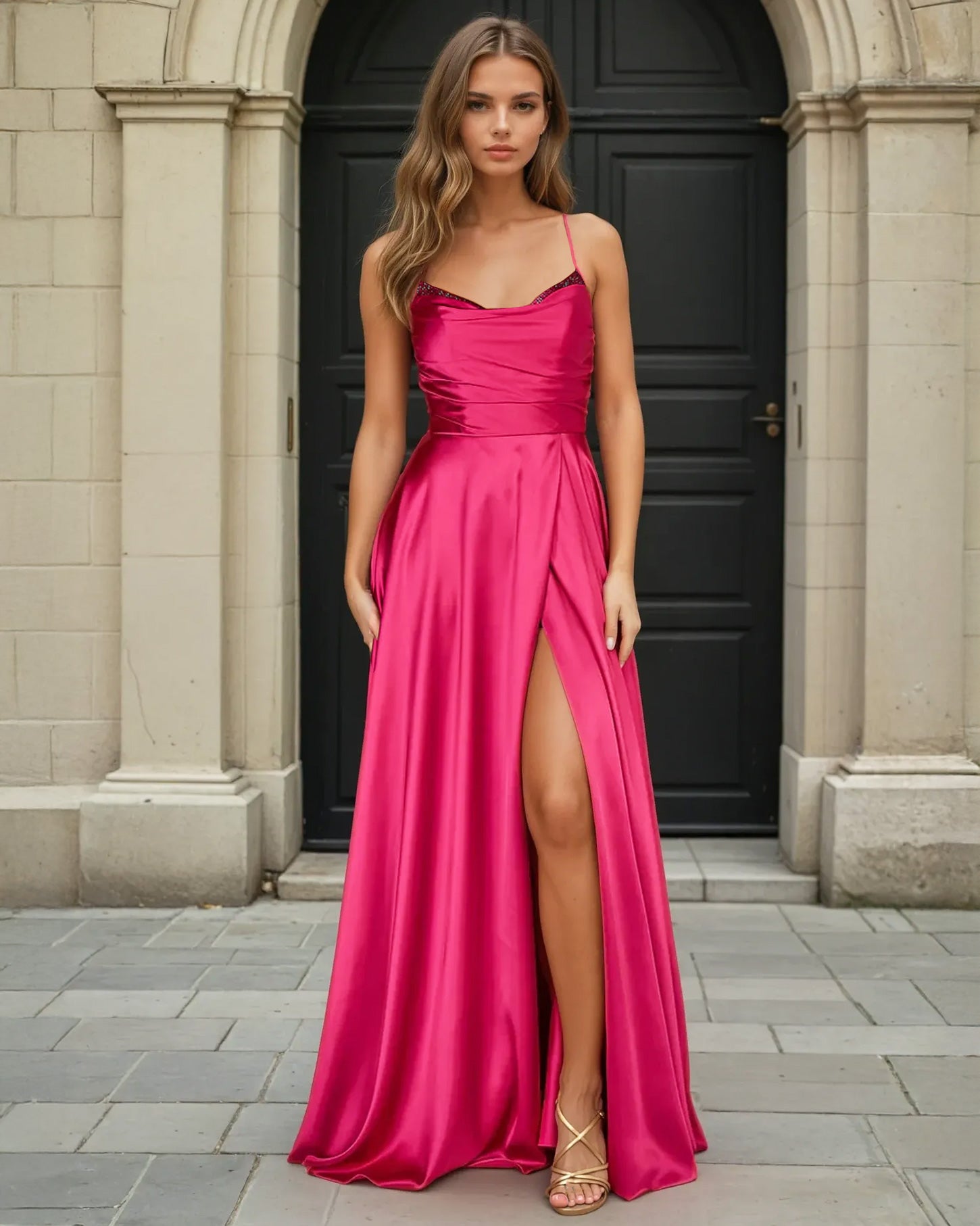 Cindy Satin A-line Gown Hot Pink Front