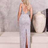 Clarissa Beaded Fringe Gown - Silver