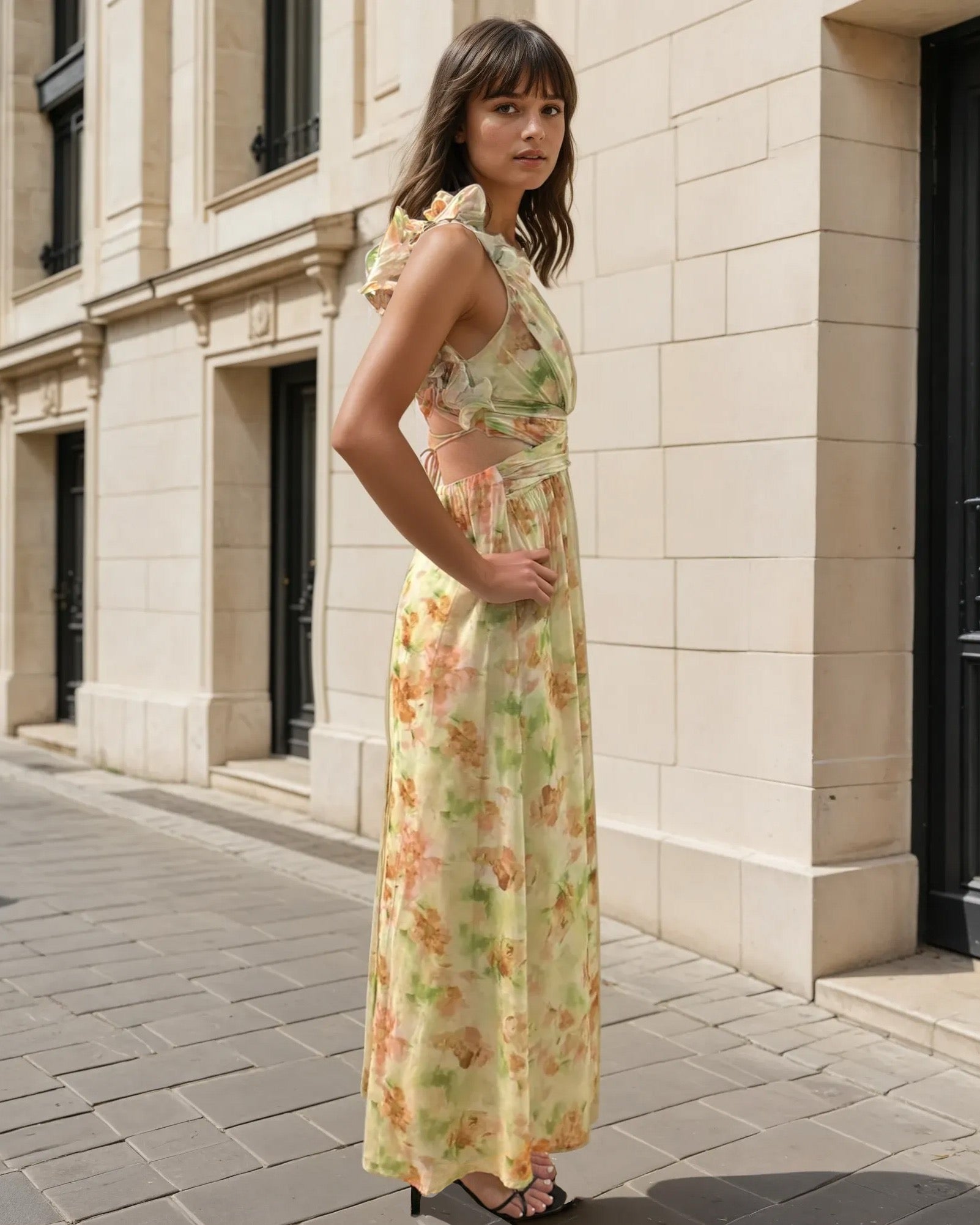 Cleo Chiffon Maxi Dress Yellow Print Front