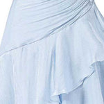 Close-up of a light blue draped skirt with layered ruffles and a gathered waist, shown against a plain white background.