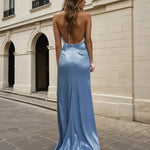 Corine Satin Formal Gown - Pale Blue Back