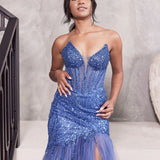 Daisy Beaded Strapless Gown - Lapis Blue