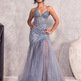 Daisy Beaded Strapless Gown - Smoky Blue