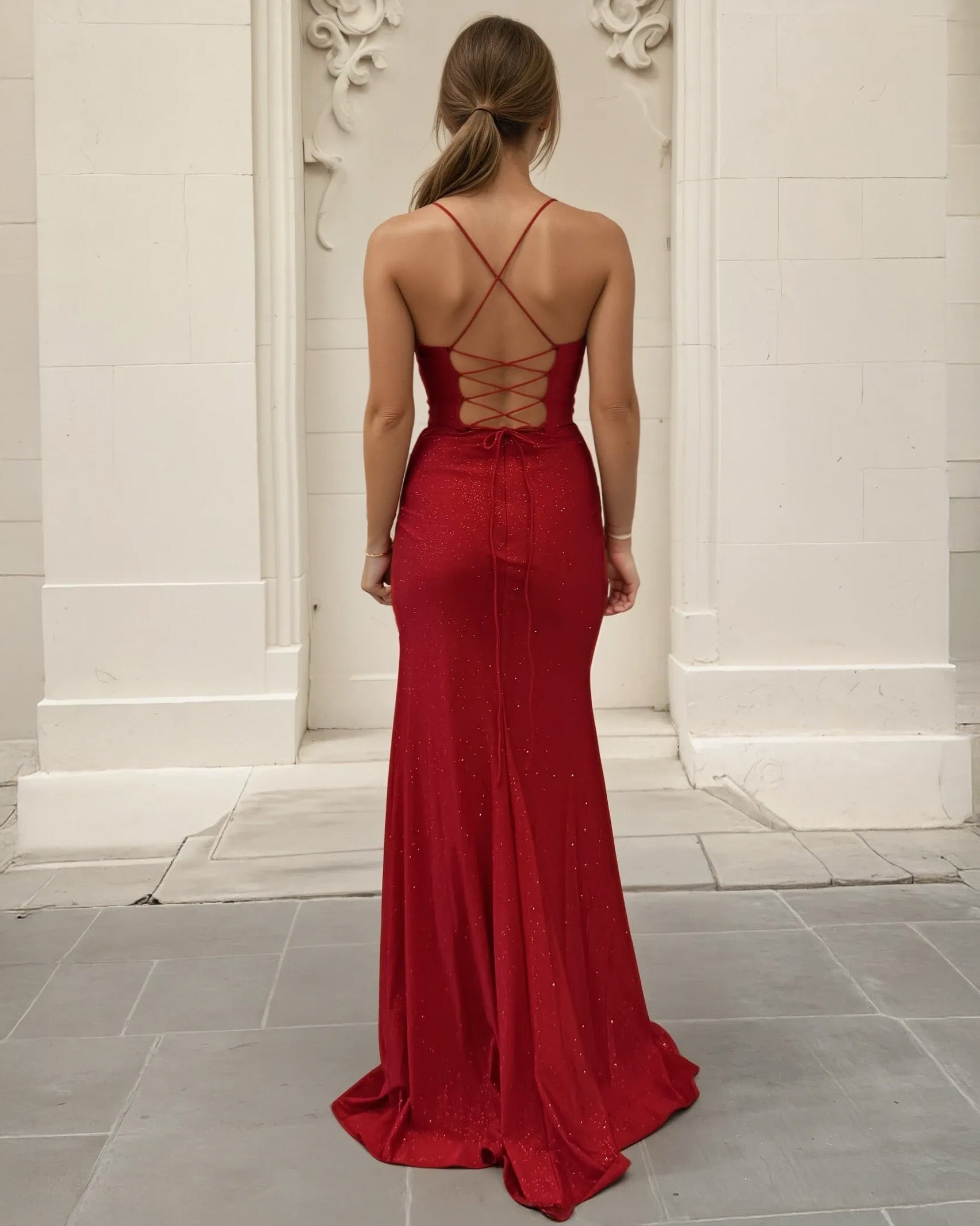 Darlia Glitter Corset Fitted Gown Formal Red