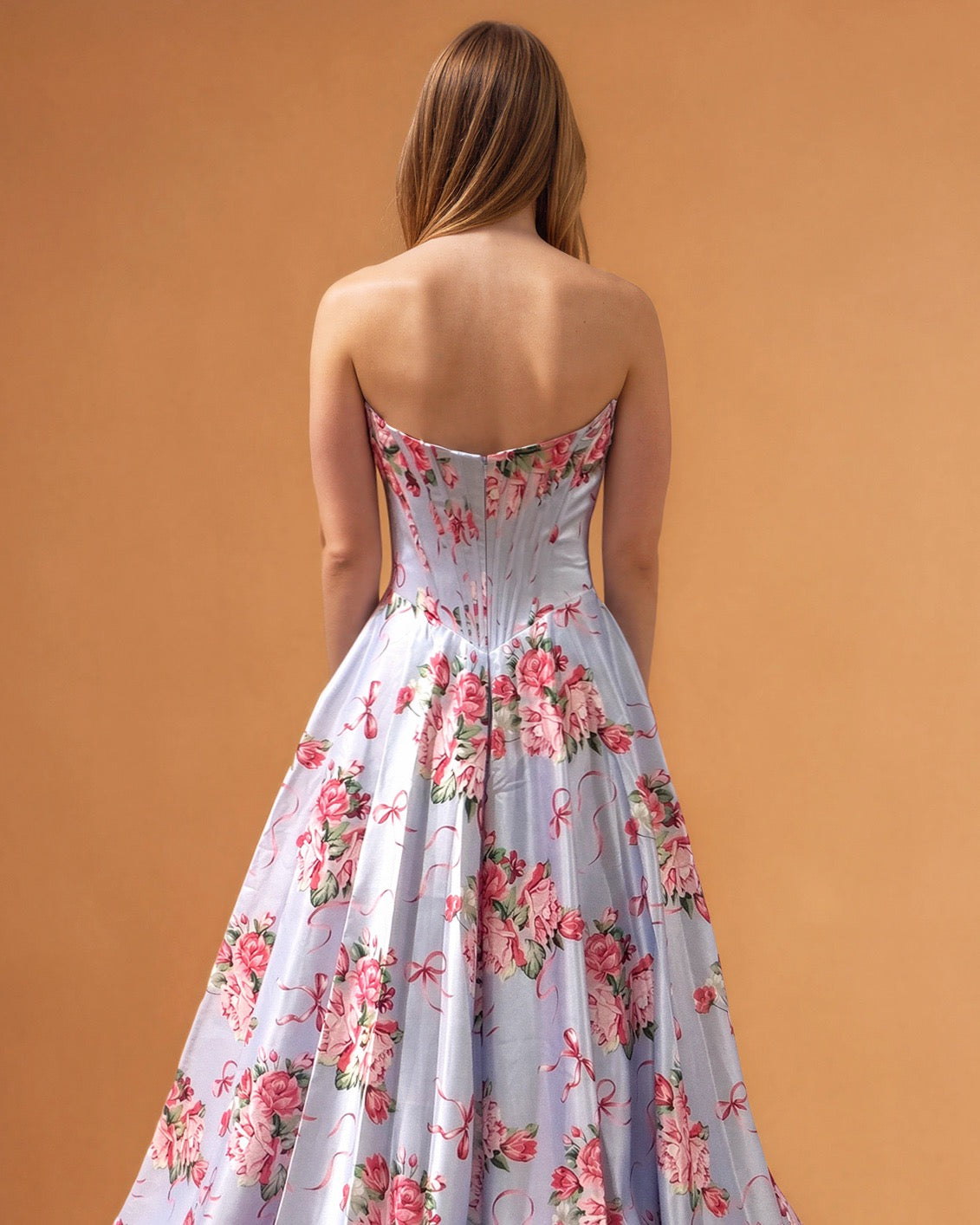 Donatella Satin Corset Gown Pale Blue Floral Back