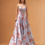 Donatella Satin Corset Gown Pale Blue Floral Front