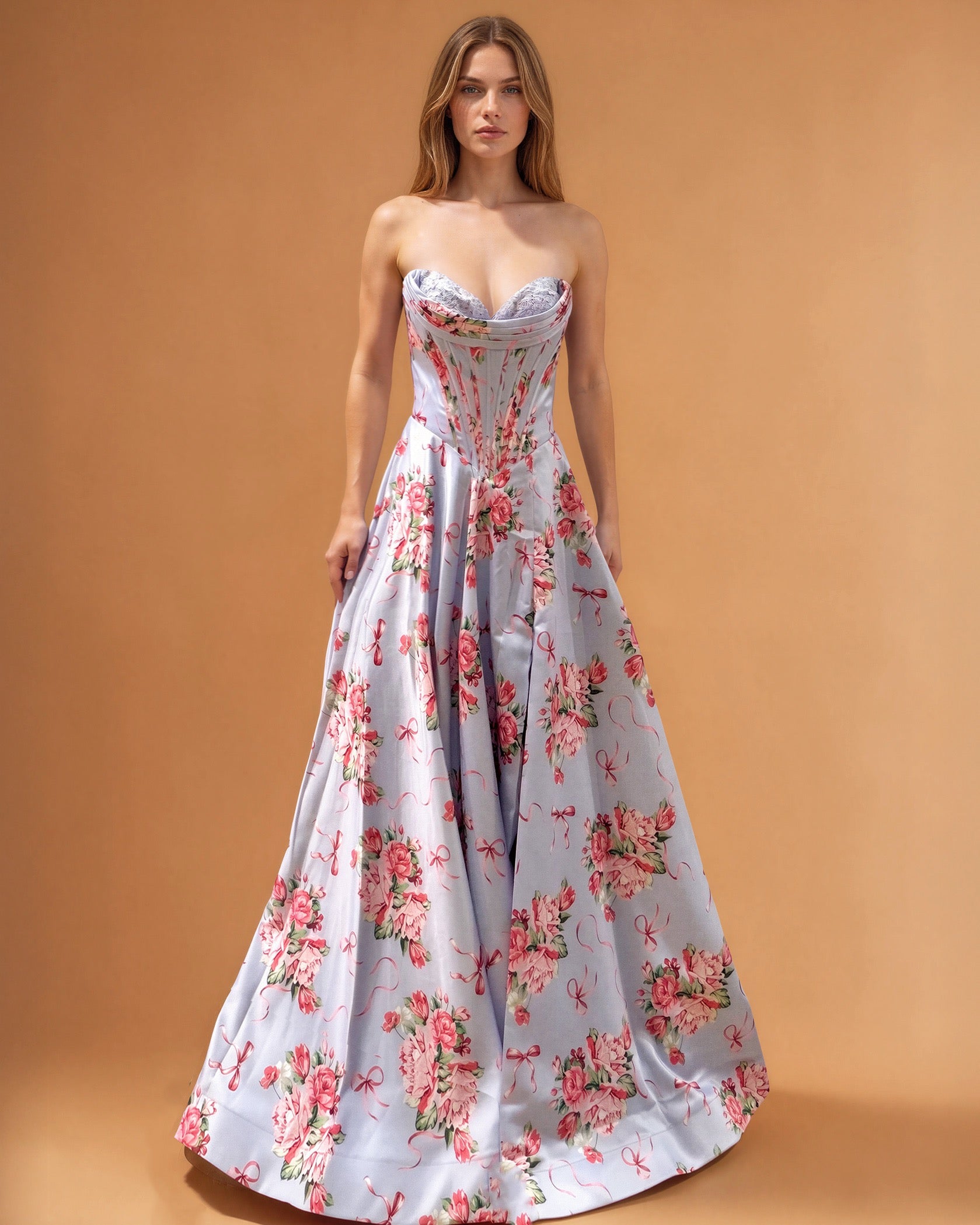 Donatella Satin Corset Gown Pale Blue Floral Front