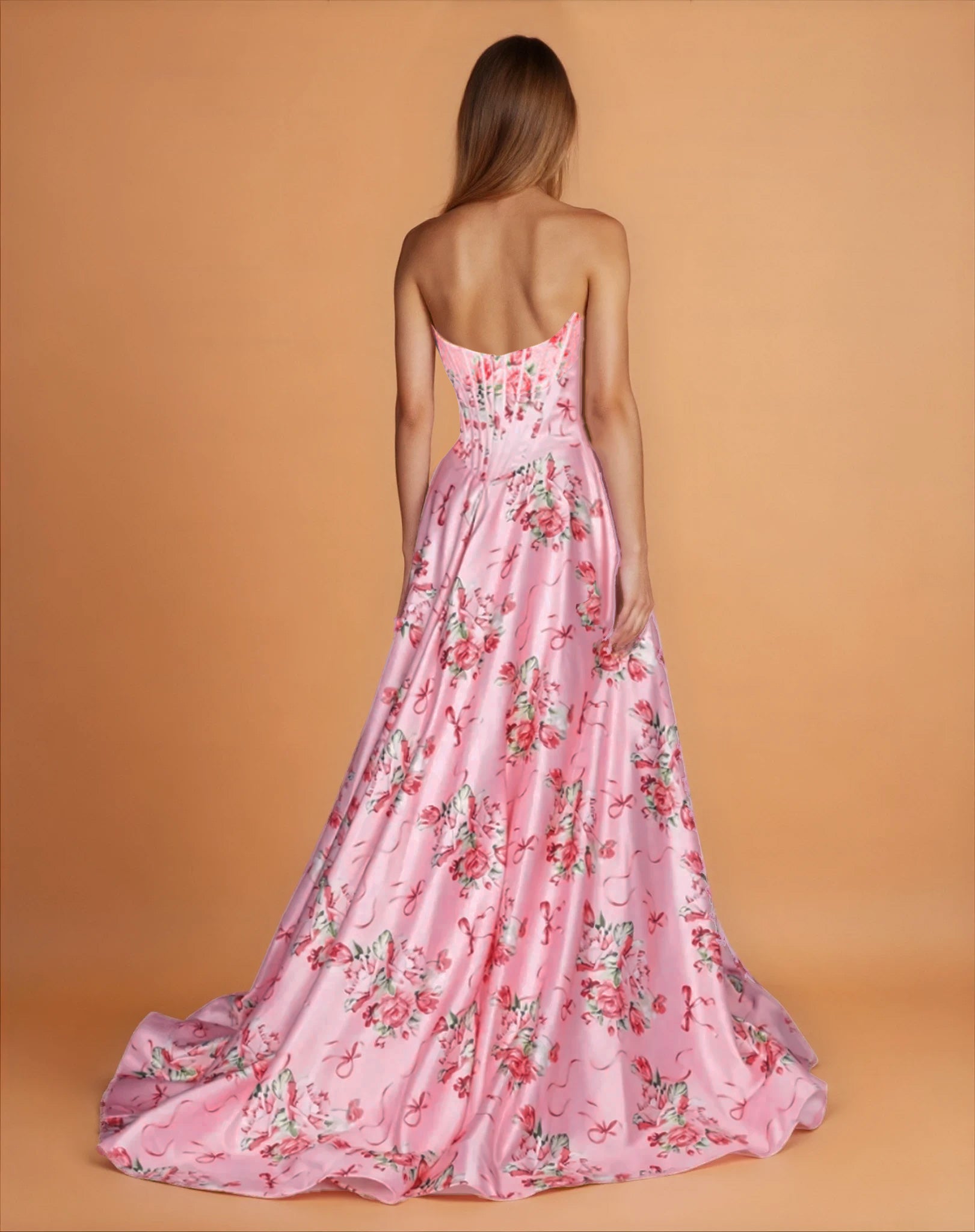 Donatella Satin Corset Gown Pink Floral Back