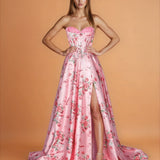 Donatella Satin Corset Gown Pink Floral Front