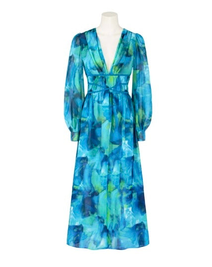 Georgie ChiffonMidi Dress  - Blue Green Print