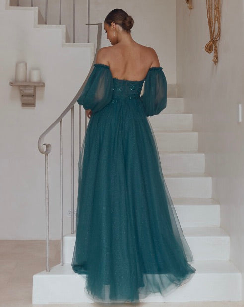 Lilia Off Shoulder Tulle Gown - Emerald