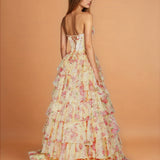 Elizabetta Layered Corset Gown Yellow Floral Back