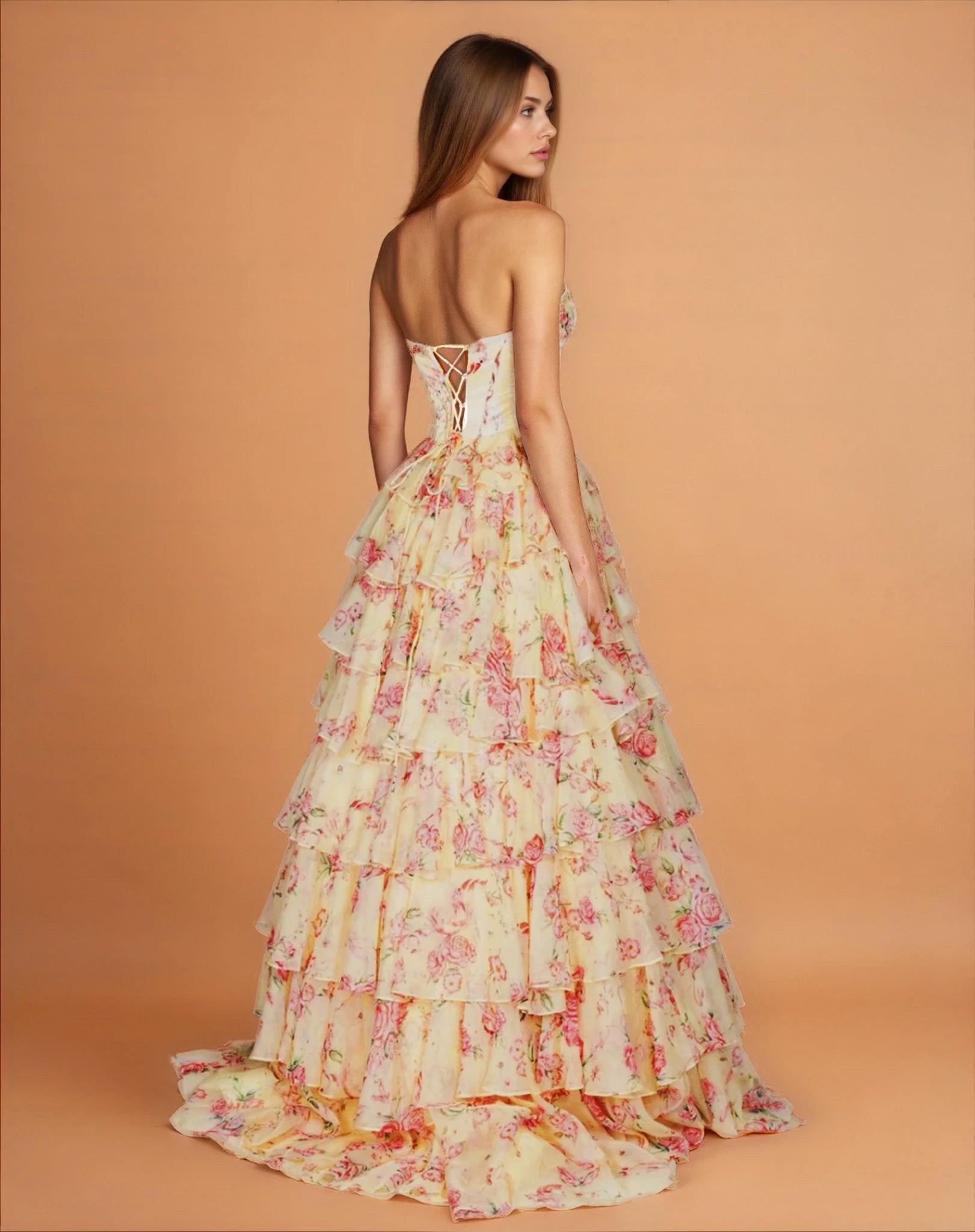 Elizabetta Layered Corset Gown Yellow Floral Back