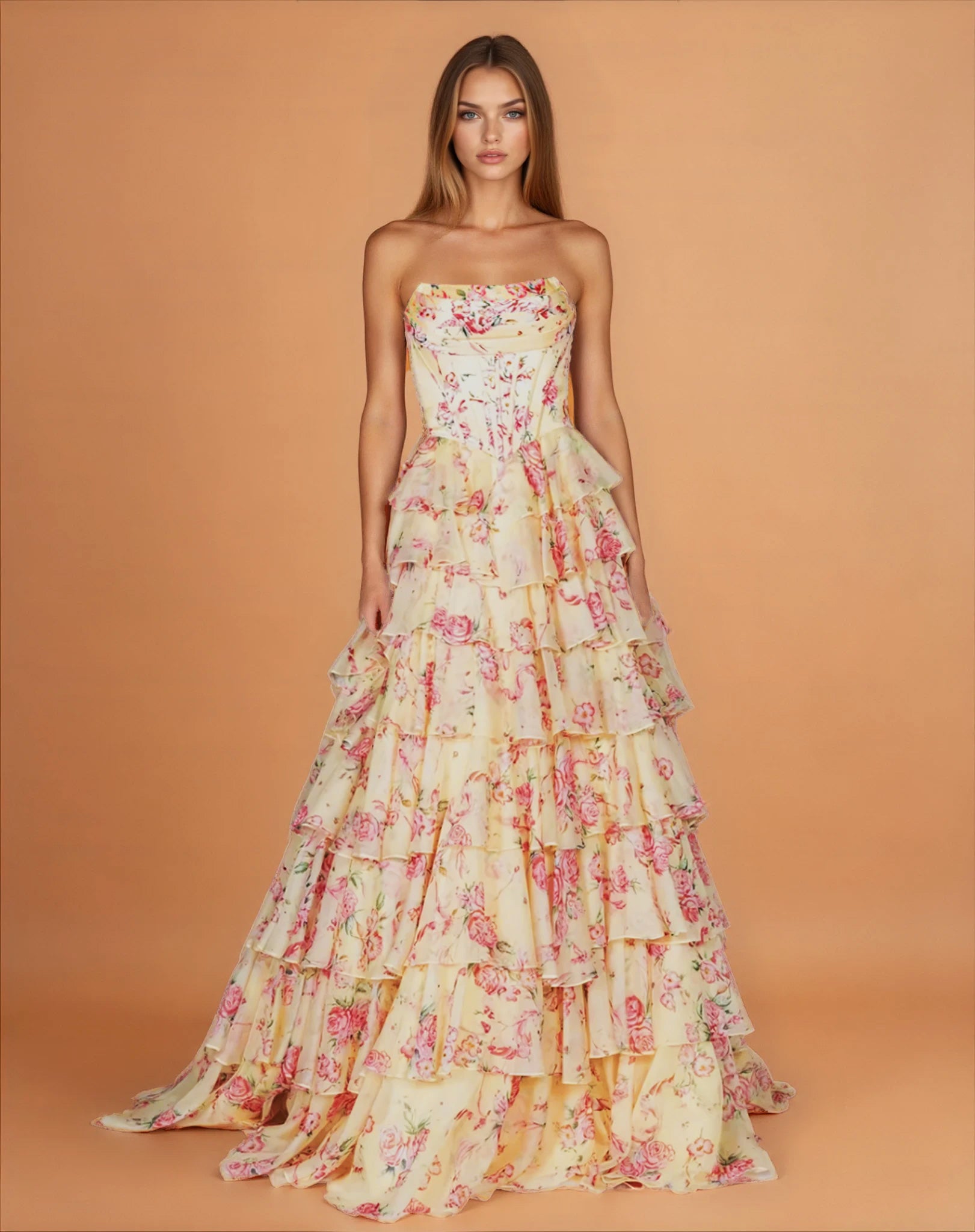 Elizabetta Layered Corset Gown Yellow Floral Front