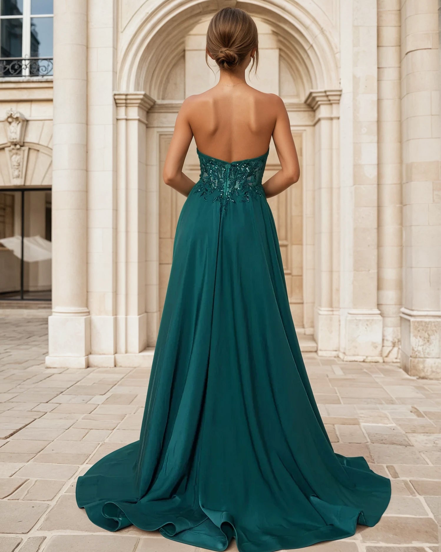 Clarisse Satin Corset Gown Emerald Back