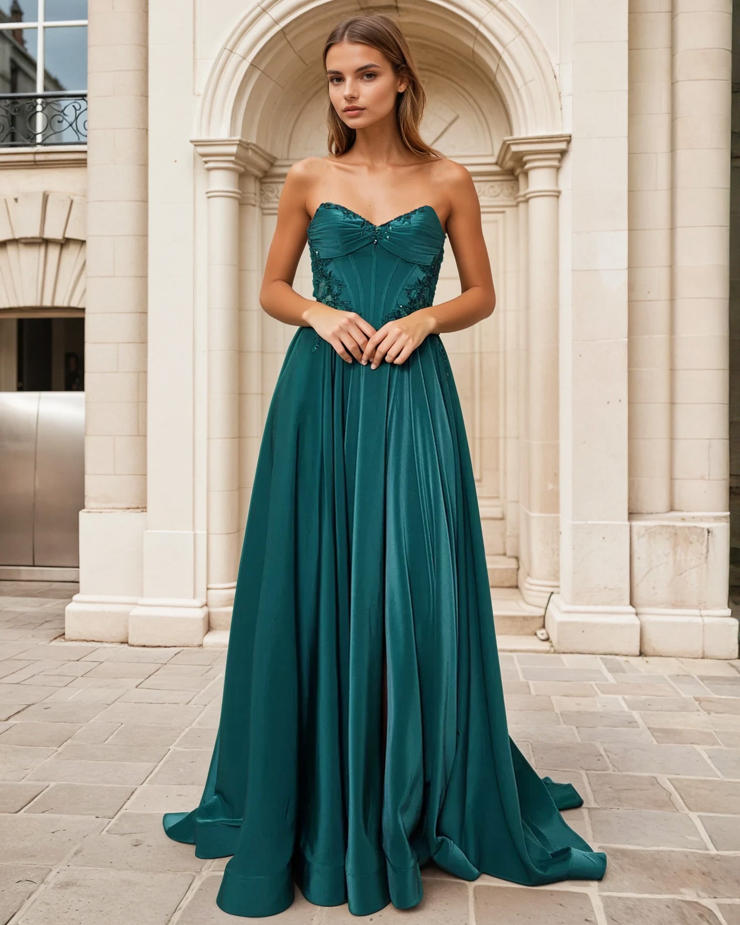 Clarisse Satin Corset Gown Emerald Front