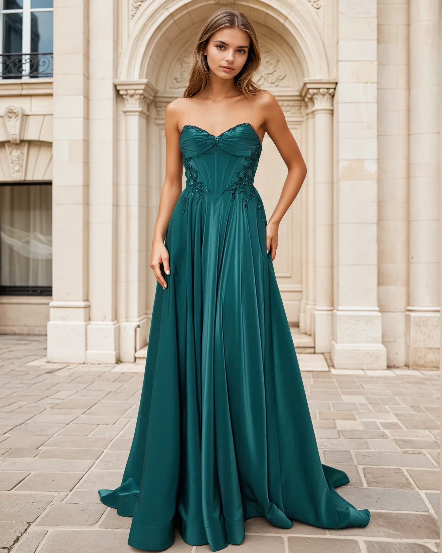 Clarisse Satin Corset Gown Emerald Front