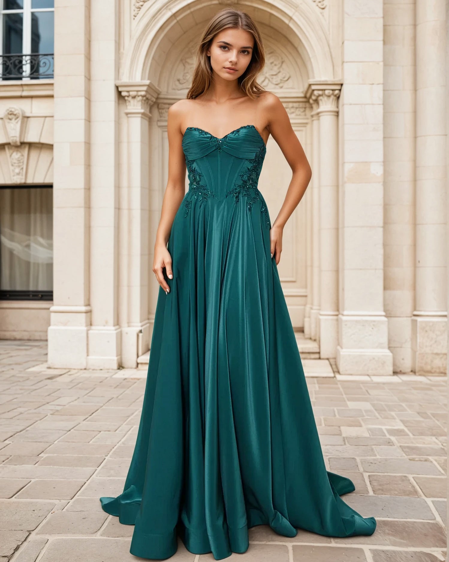 Clarisse Satin Corset Gown Emerald Front