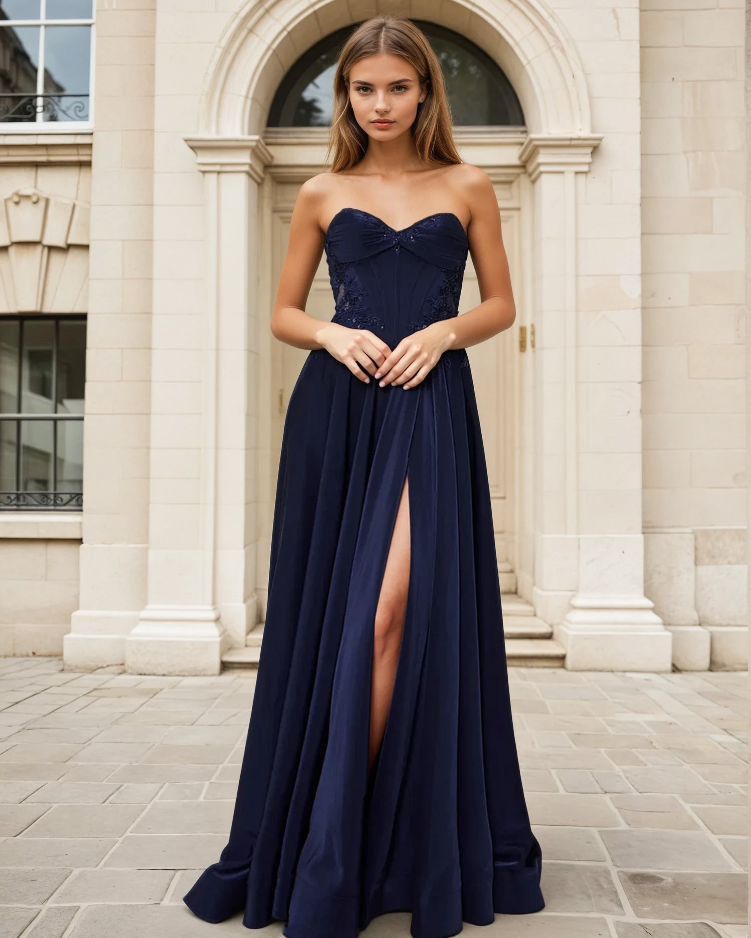 Elise Satin Corset Gown Navy Front