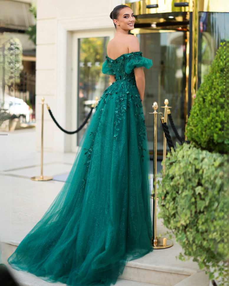 Emmett Off Shoulder Beaded Ball Gown - Emerald