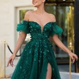 Emmett Off Shoulder Beaded Ball Gown - Emerald