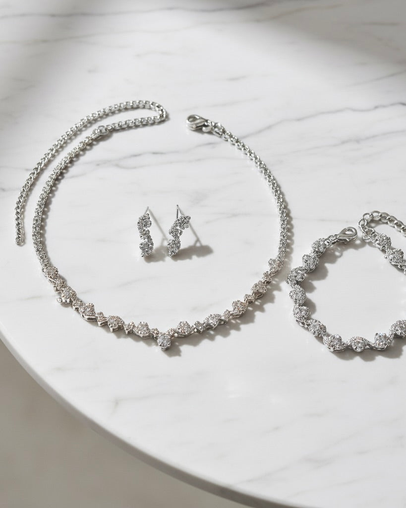 Essence Jewellery Set Silver Necklace Earrings Bracelet