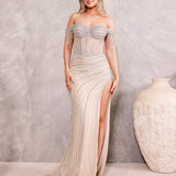 Esther Off Shoulder Beaded Gown - Platinum