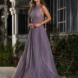 Beatrix High Neck Embroidered Gown - Purple