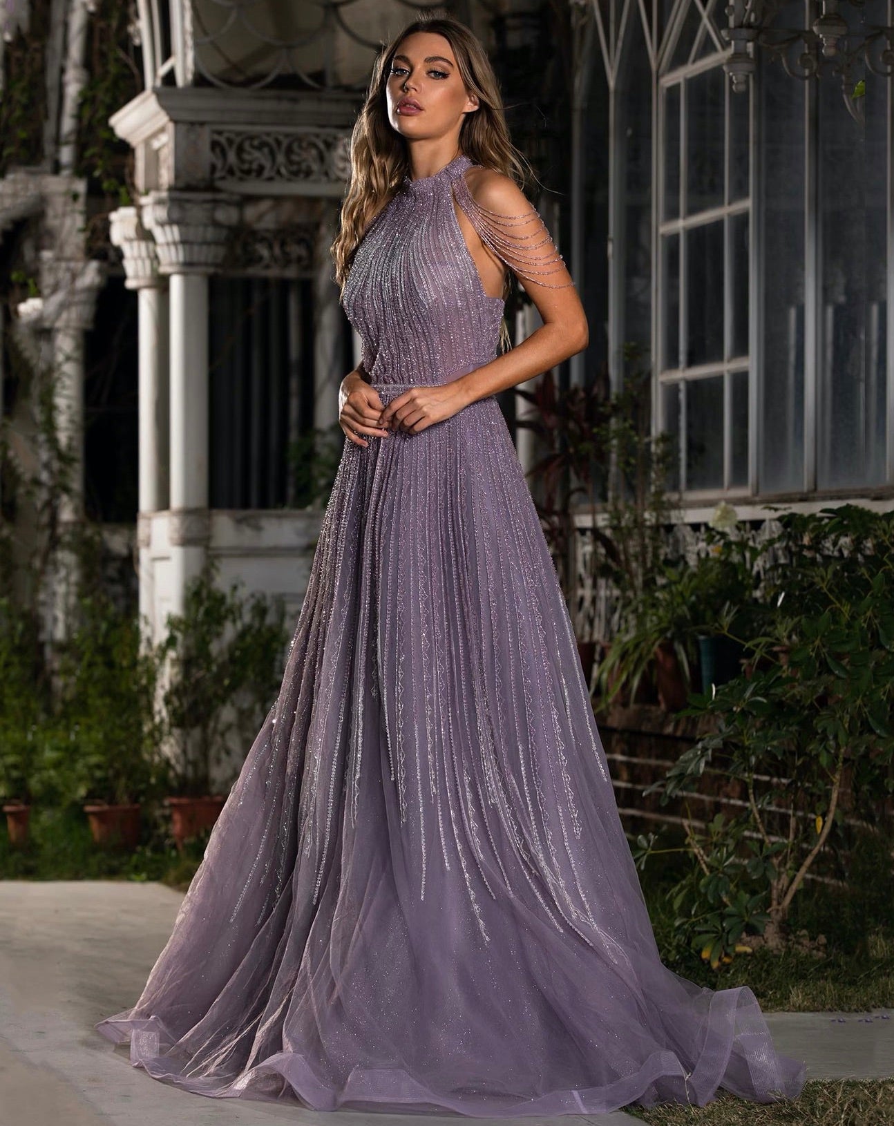 Beatrix High Neck Embroidered Gown - Purple