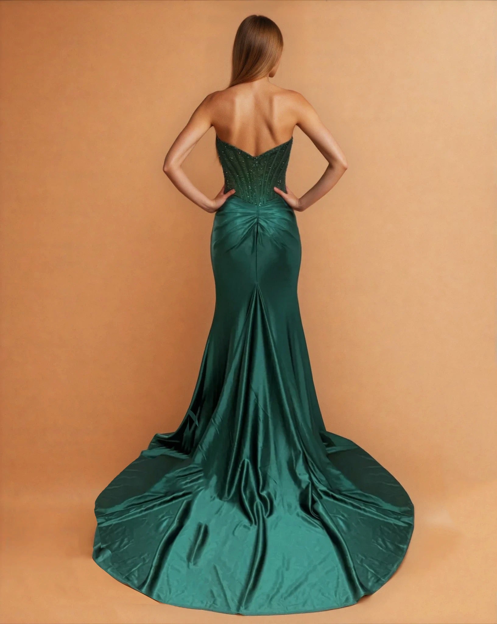Florenza Satin Corset Gown Emerald Back