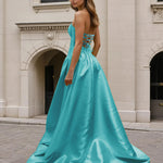 Gabrielle Strapless Mikado Bow Gown  Aqua Back