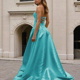 Gabrielle Strapless Mikado Bow Gown  Aqua Back