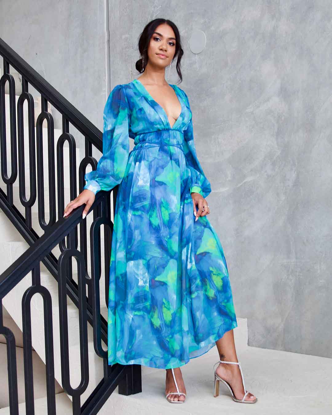 Georgie Chiffon Midi Dress  - Blue Green Print