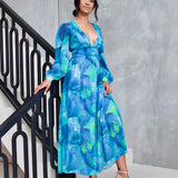 Georgie Chiffon Midi Dress  - Blue Green Print