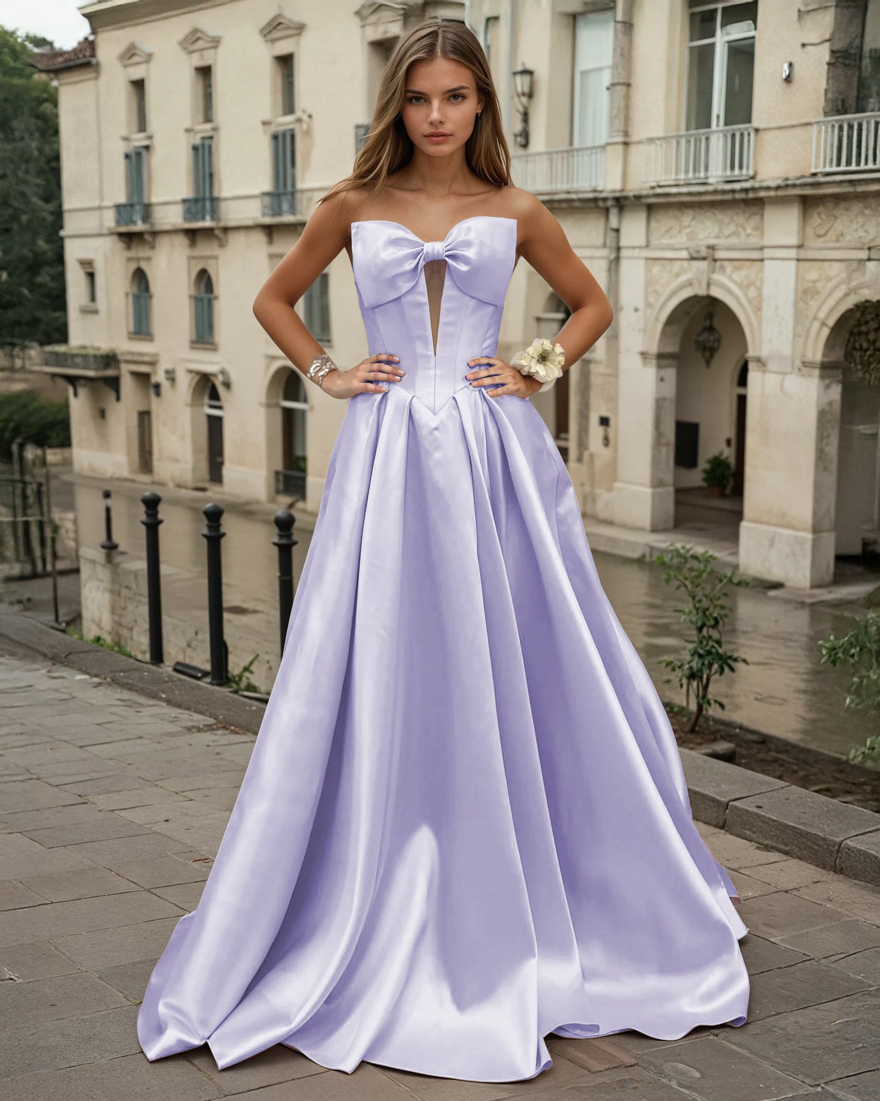 Isabelle Mikado Gown Strapless Bow Lilac Front