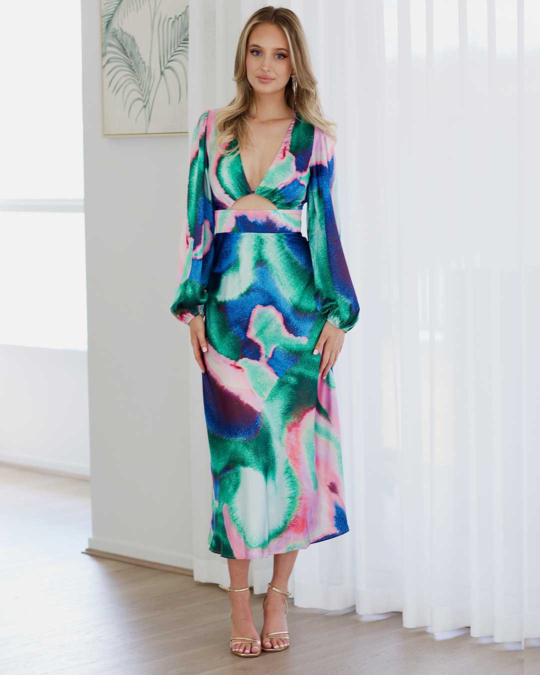 Kai Stain Maxi Dress - Blue Pink Print