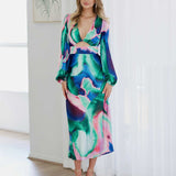 Kai Stain Maxi Dress - Blue Pink Print