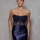 Madeline Corset Satin Gown - Navy