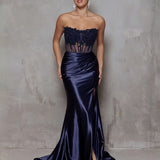 Madeline Corset Satin Gown - Navy