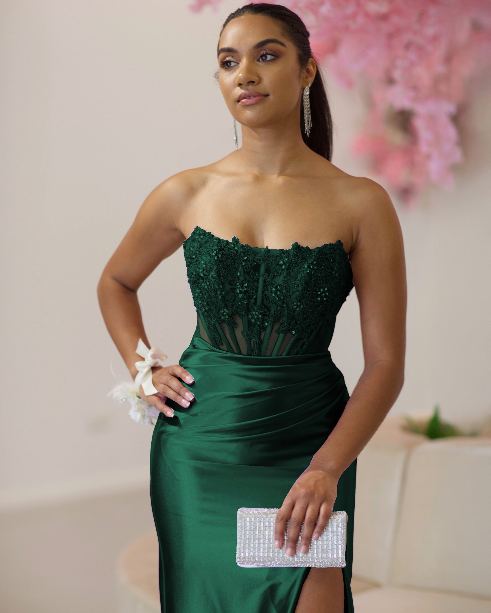 Madeline Corset Satin Gown Emerald Front