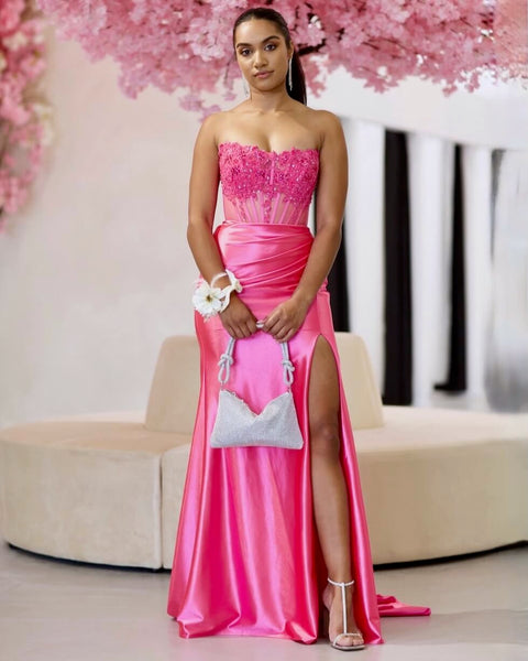 Madeline Corset Satin Gown Hot Pink – Miss Runway Boutique