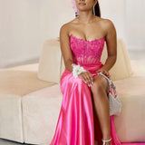 Madeline Corset Satin Gown - Hot Pink