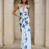 Maria Halterneck Maxi Dress Navy Floral Front