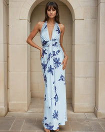 Maria Halterneck Maxi Dress Navy Floral Front