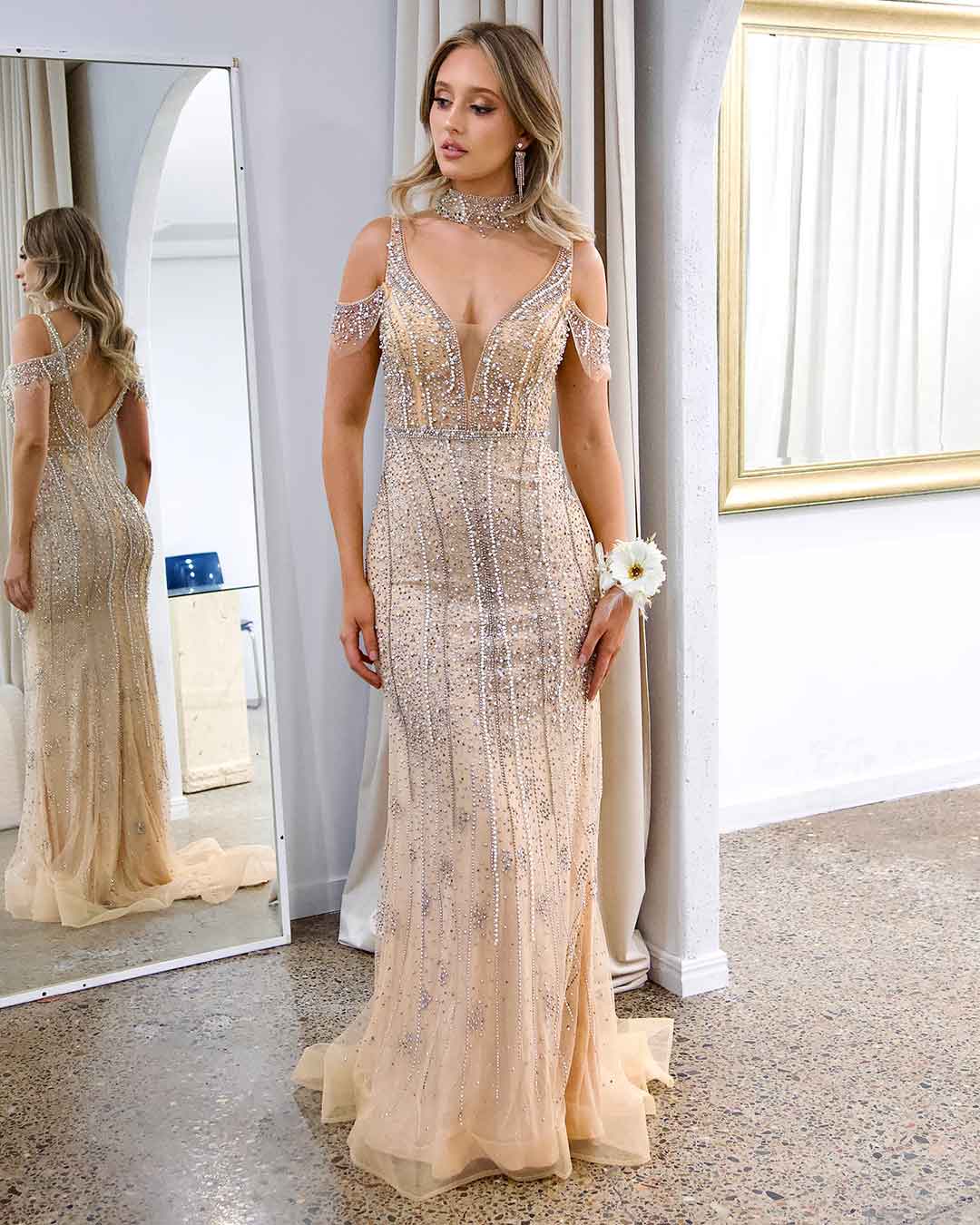 Mariah Beaded Gown - Nude