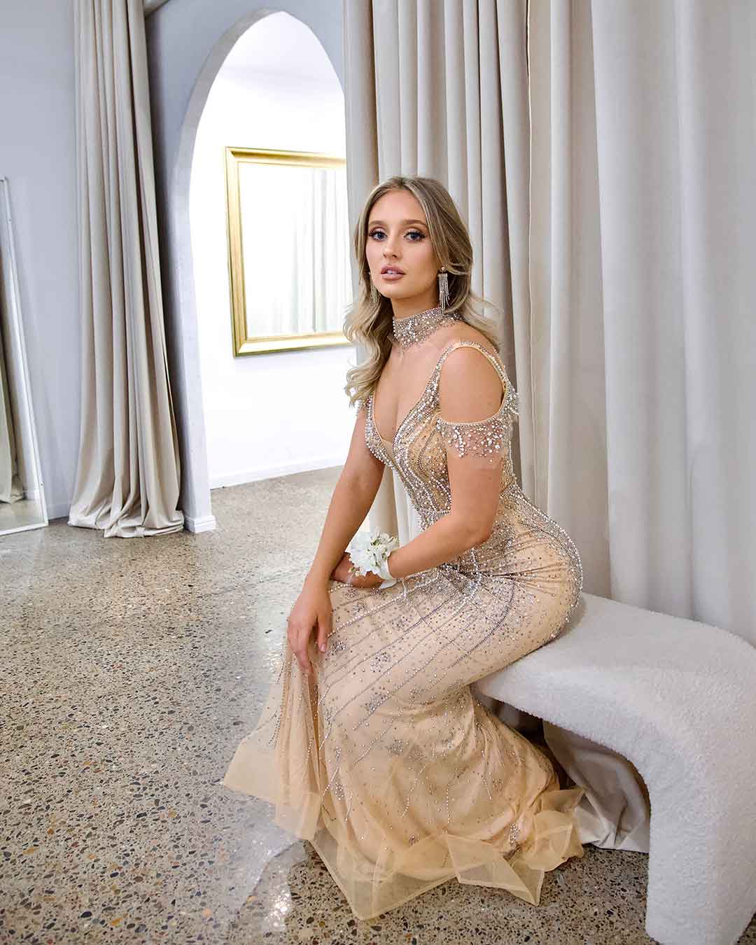 Mariah Beaded Gown - Nude