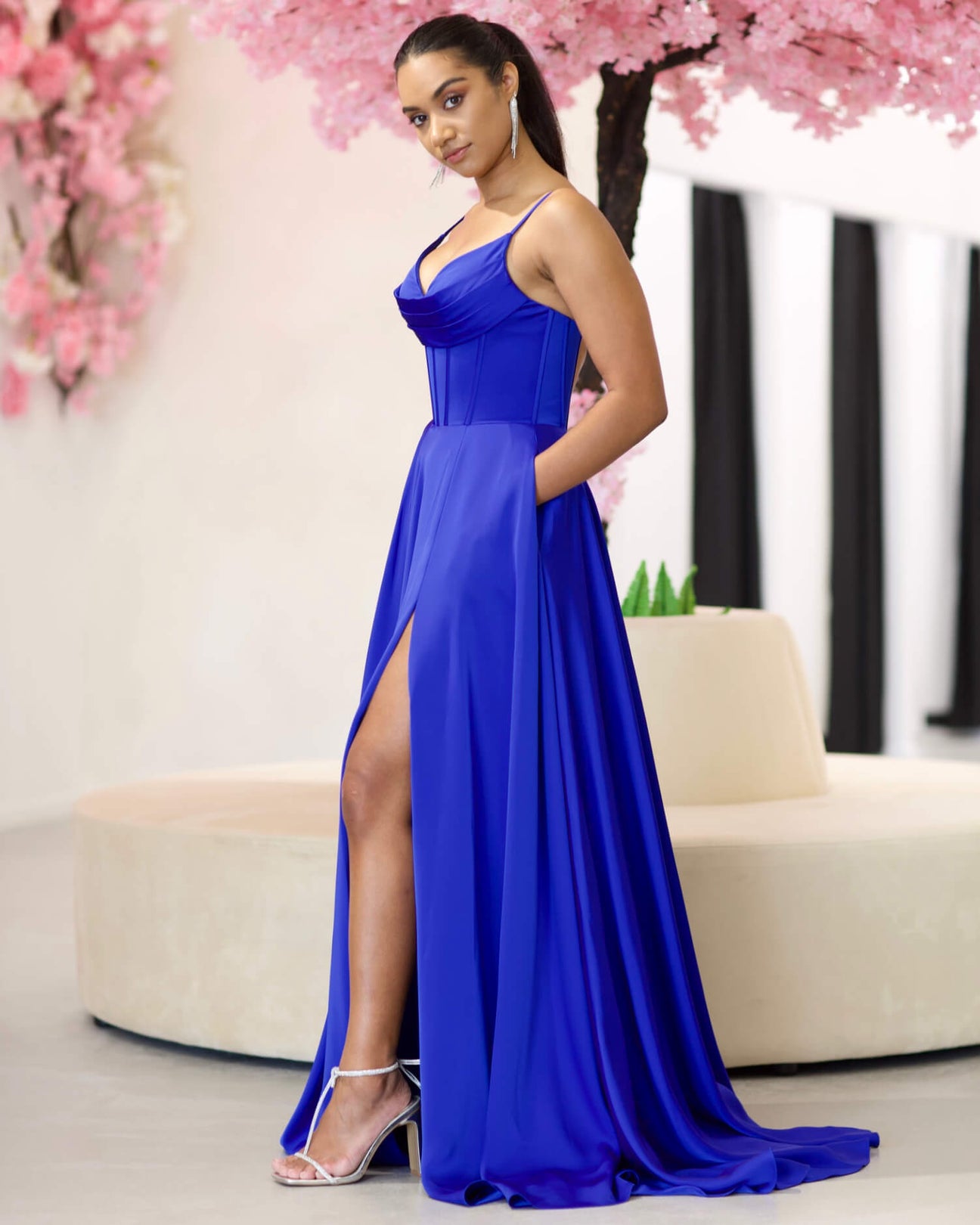 Satin Corset Bodice Gown with High Slit Royal Blue main image 1