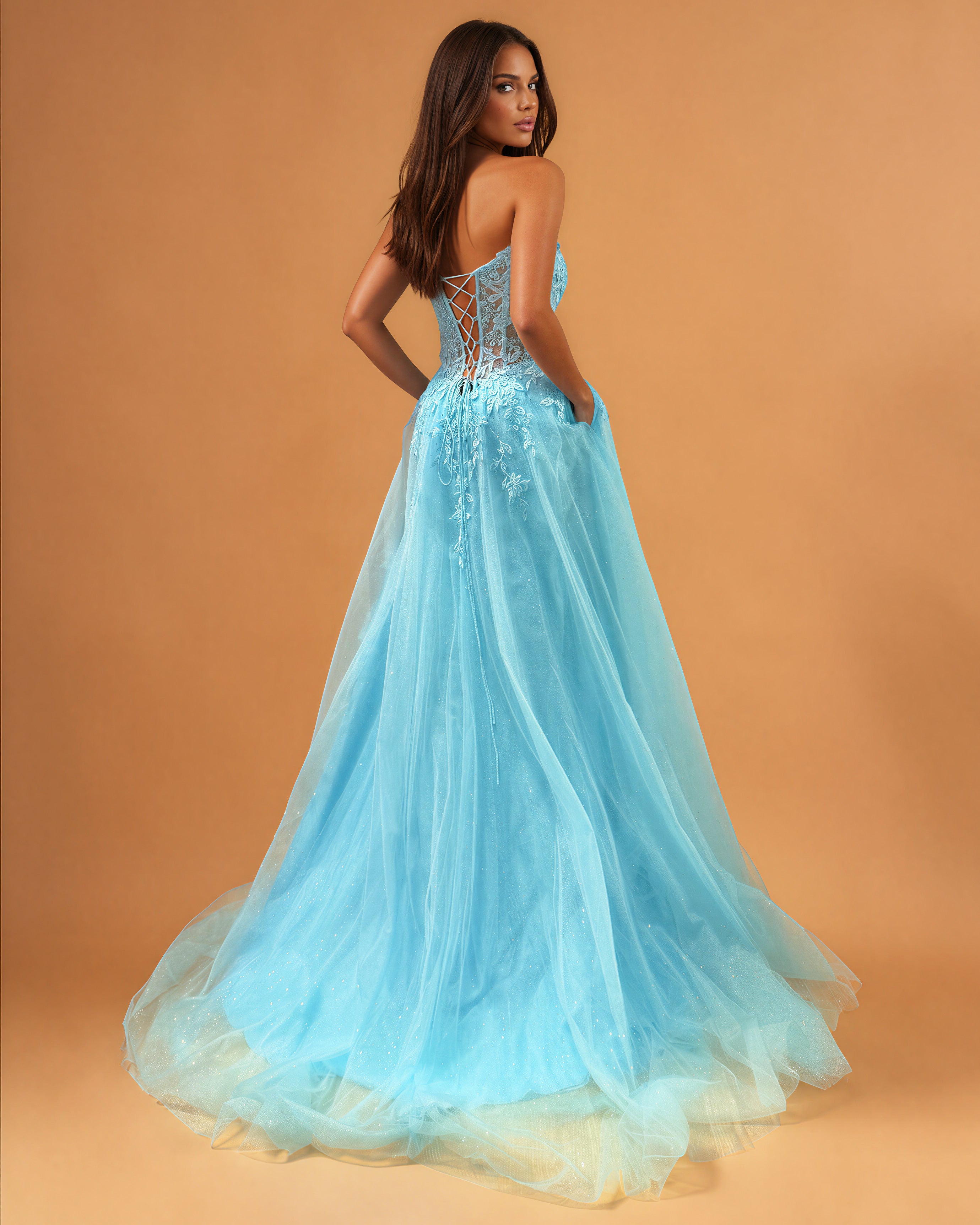 Melina Tulle Corset Gown Aqua Back