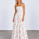 A woman modeling a sleeveless, tiered maxi dress with a delicate multicolor floral print on a white background, standing against a light gray studio backdrop.